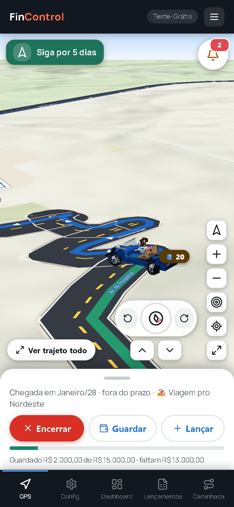 Tela real do GPS financeiro: um carro azul com o motorista andando pela estrada, com o tempo de chegada ao destino (dados de exemplo)