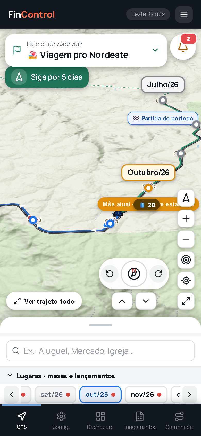 GPS financeiro visto de cima: a rota inteira, mês a mês, até o destino (dados de exemplo)