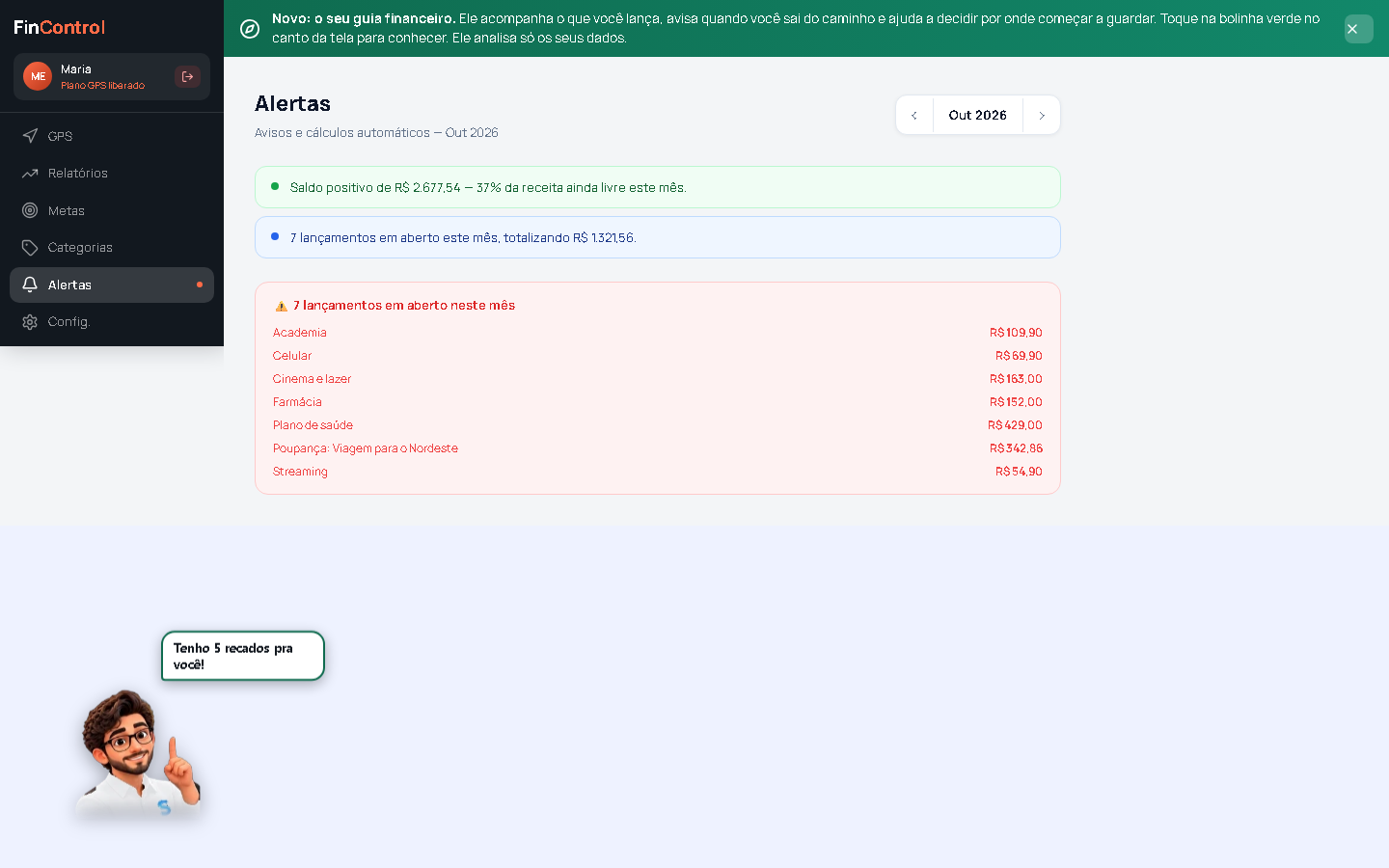 Tela real de alertas do FinControl