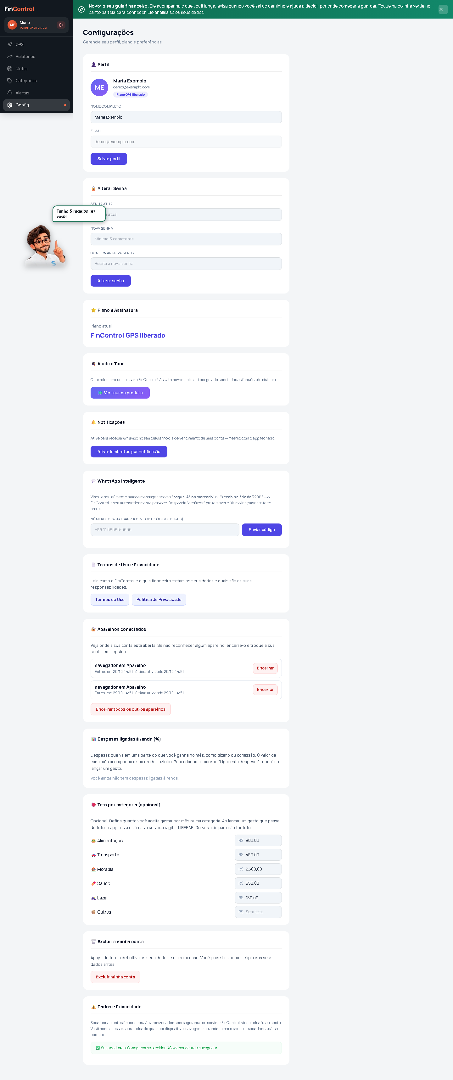 Tela real de configurações do FinControl